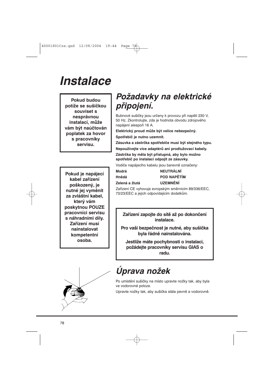 Instalace, Požadavky na elektrické připojení, Úprava nožek | Candy AB CDC 679 X SY User Manual | Page 78 / 128