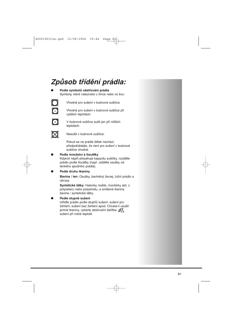 Způsob třídění prádla | Candy AB CDC 679 X SY User Manual | Page 81 / 128