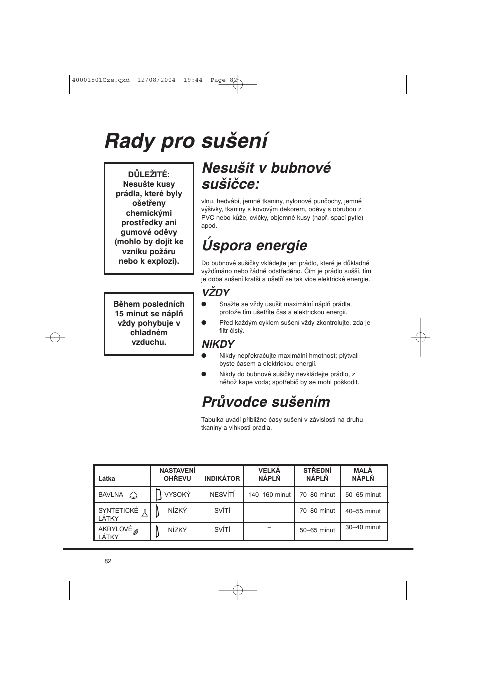 Rady pro sušení, Nesušit v bubnové sušičce, Úspora energie | Průvodce sušením, Vždy, Nikdy | Candy AB CDC 679 X SY User Manual | Page 82 / 128