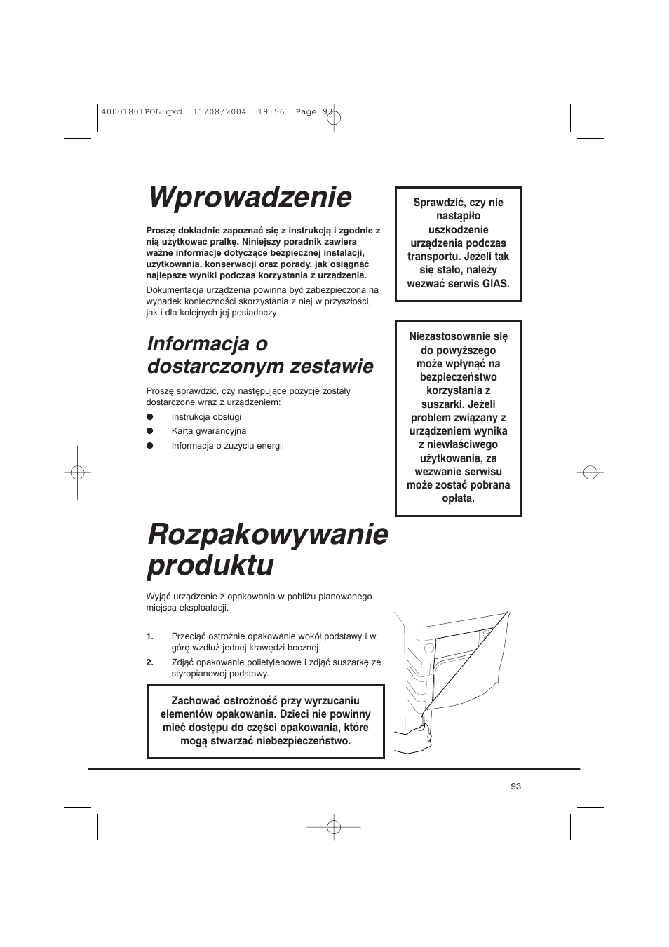 Wprowadzenie, Rozpakowywanie produktu, Informacja o dostarczonym zestawie | Candy AB CDC 679 X SY User Manual | Page 93 / 128