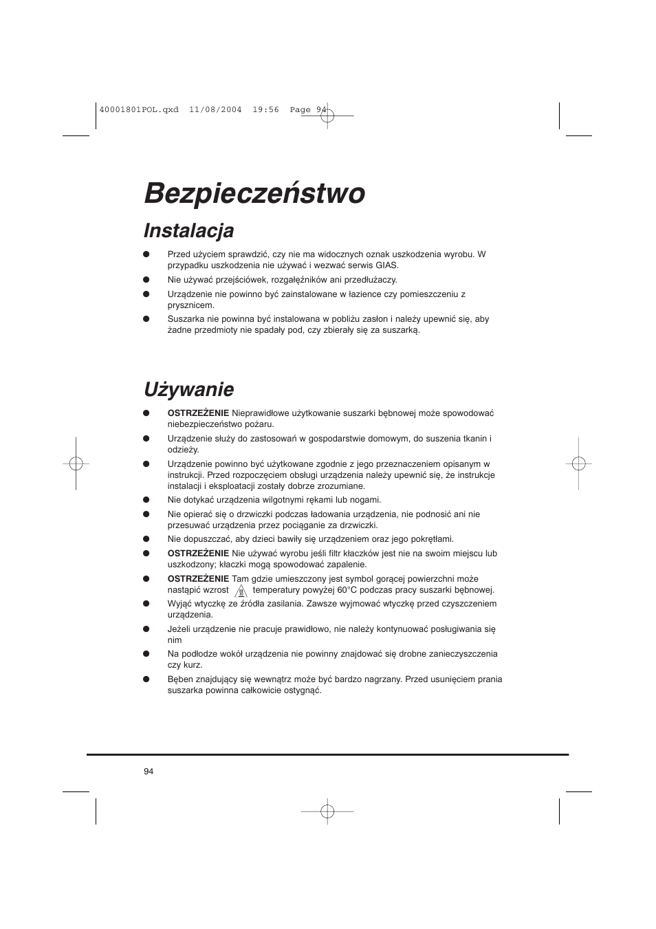 Bezpieczeństwo, Instalacja, Używanie | Candy AB CDC 679 X SY User Manual | Page 94 / 128