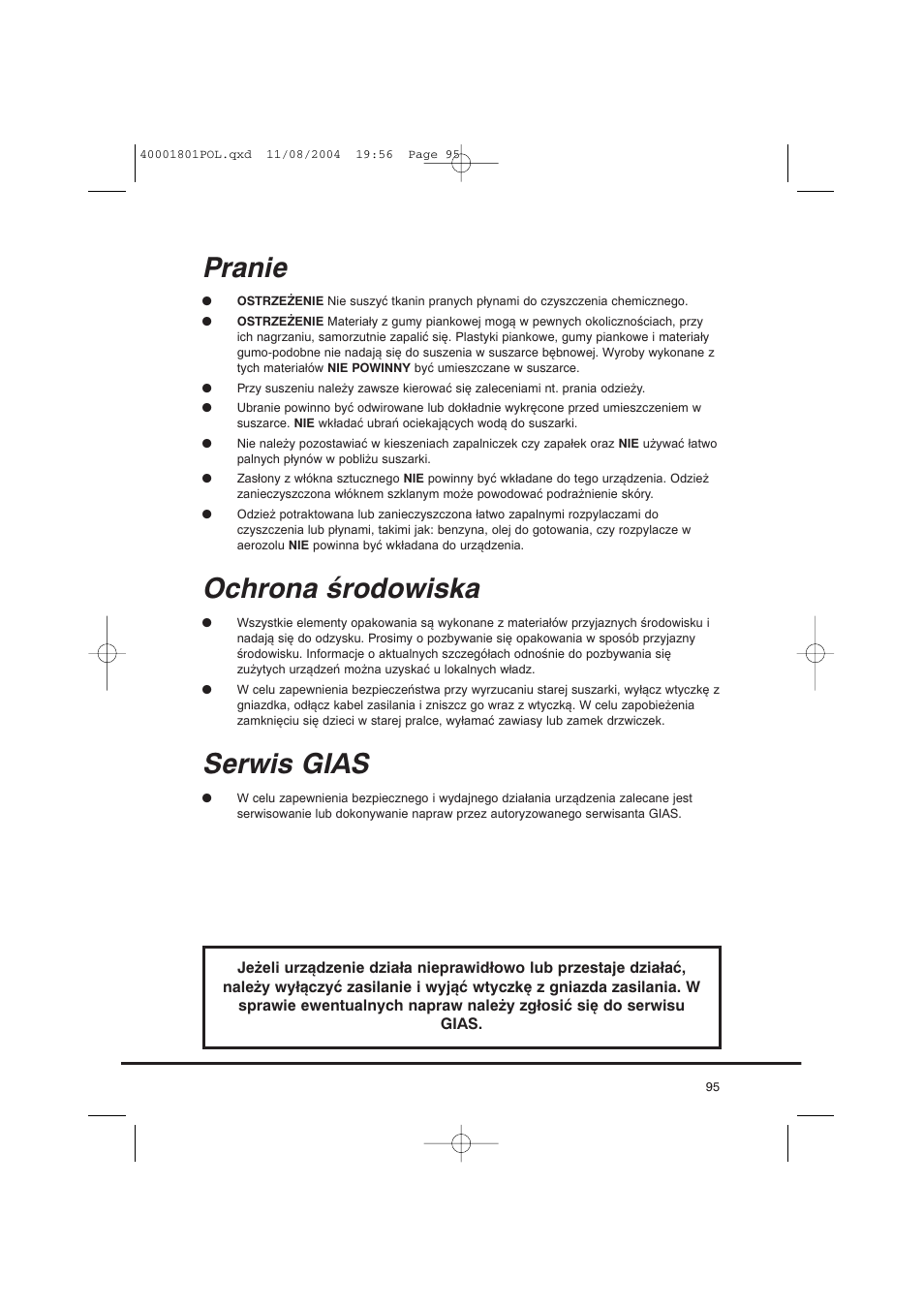 Pranie, Ochrona środowiska, Serwis gias | Candy AB CDC 679 X SY User Manual | Page 95 / 128