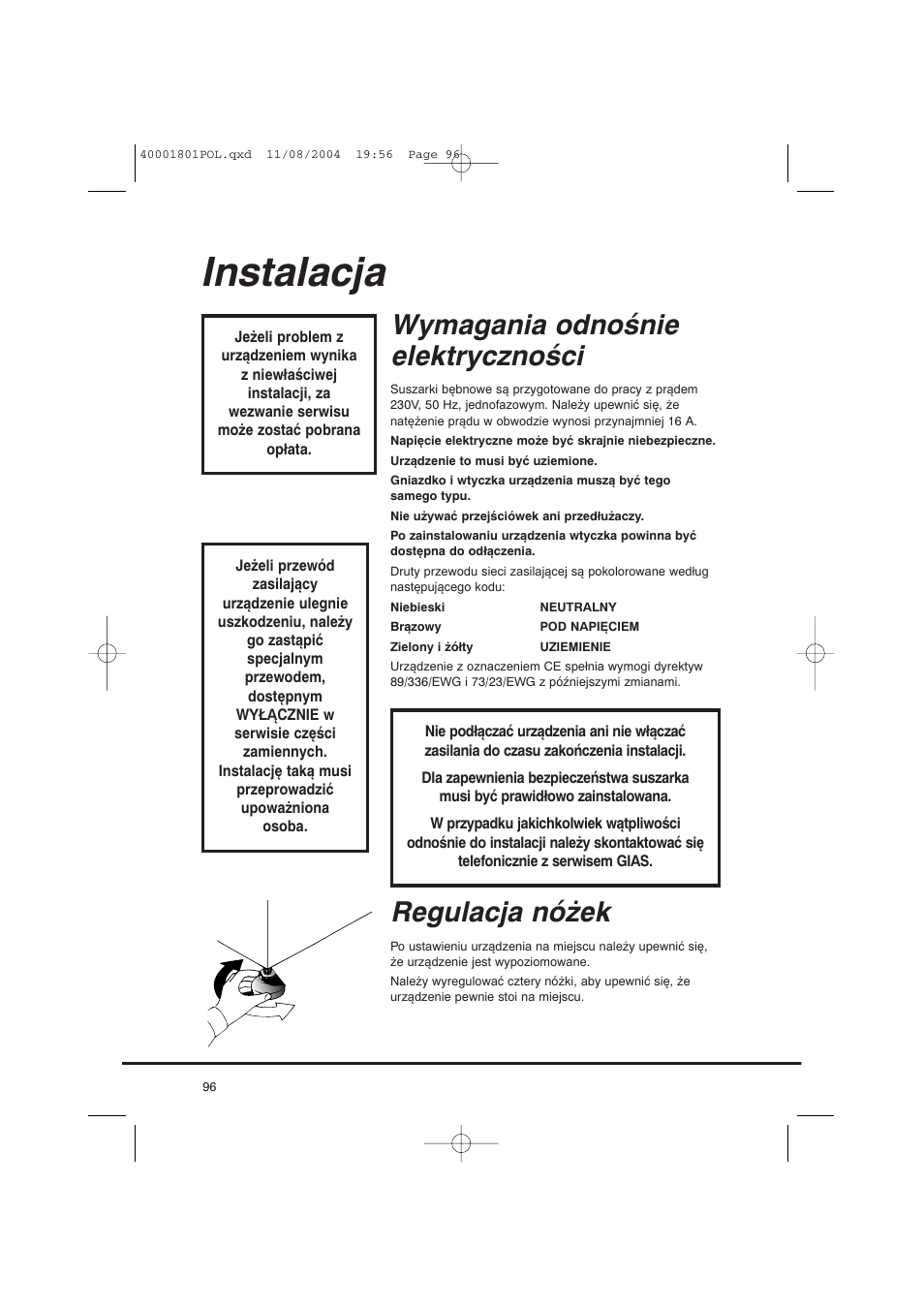 Instalacja, Wymagania odnośnie elektryczności, Regulacja nóżek | Candy AB CDC 679 X SY User Manual | Page 96 / 128