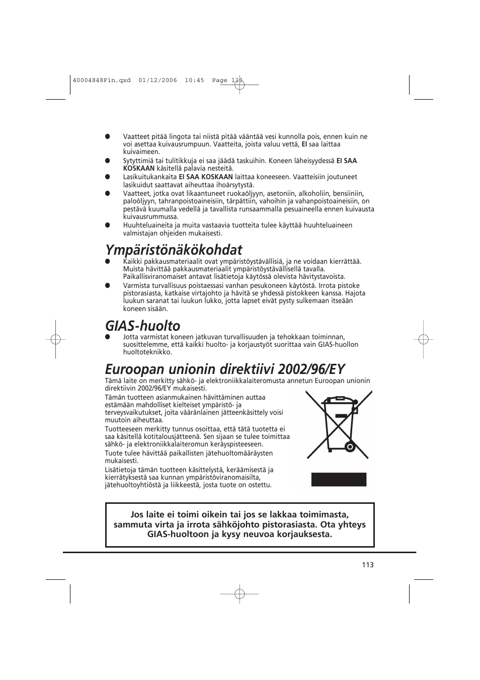 Ympäristönäkökohdat, Gias-huolto | Candy GO DC 78-01S User Manual | Page 113 / 236
