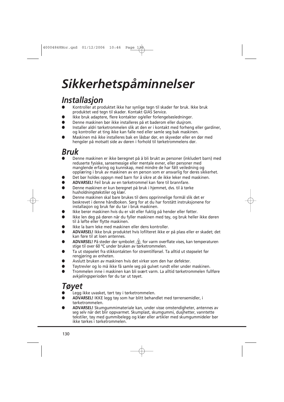 Sikkerhetspåminnelser, Installasjon, Bruk | Tøyet | Candy GO DC 78-01S User Manual | Page 130 / 236