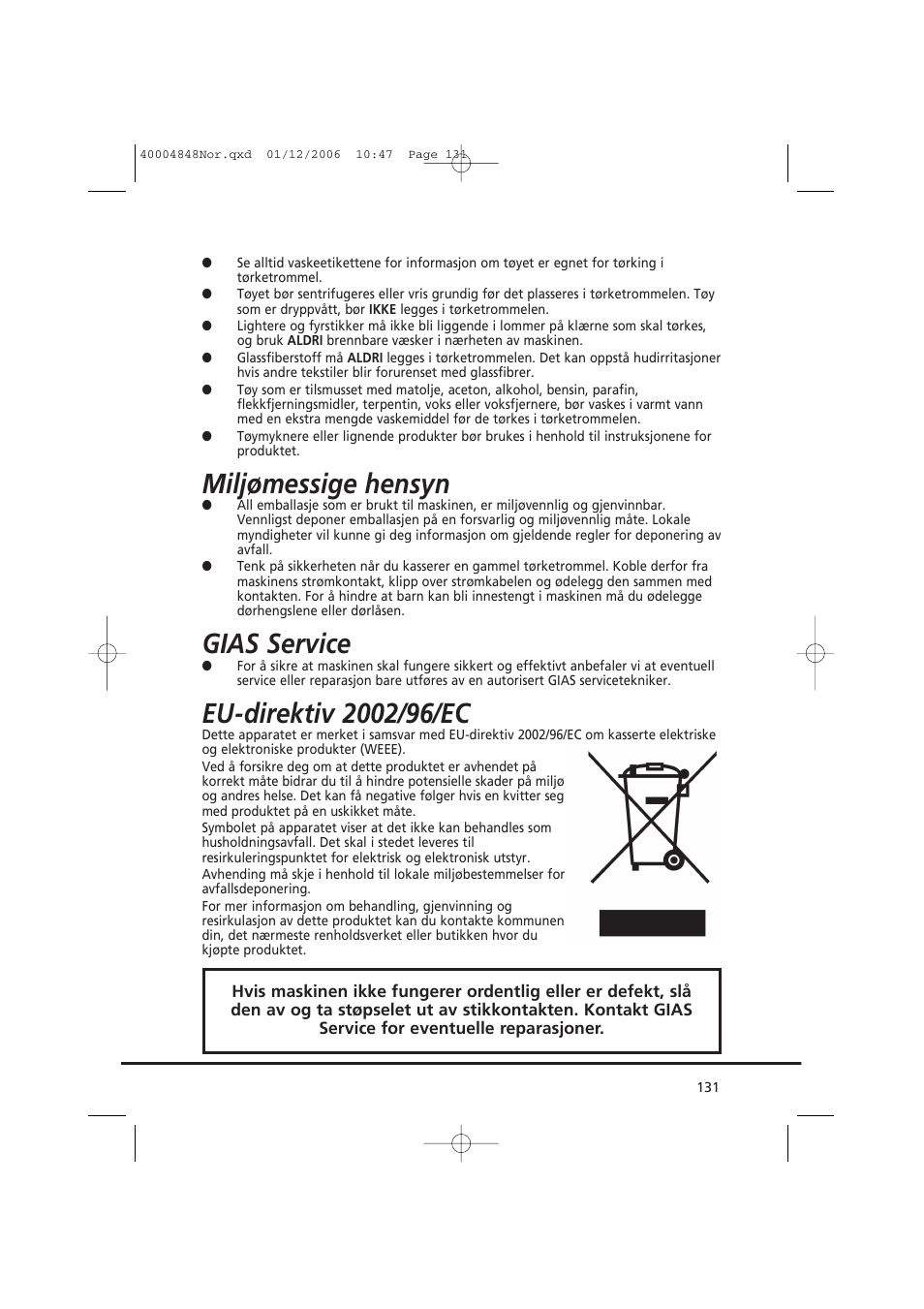 Miljømessige hensyn, Gias service | Candy GO DC 78-01S User Manual | Page 131 / 236