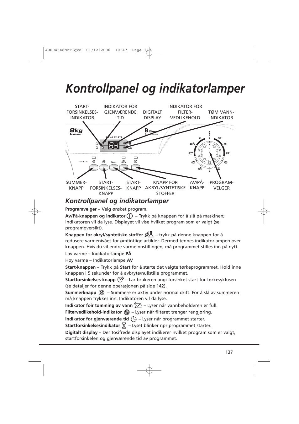 Kontrollpanel og indikatorlamper | Candy GO DC 78-01S User Manual | Page 137 / 236