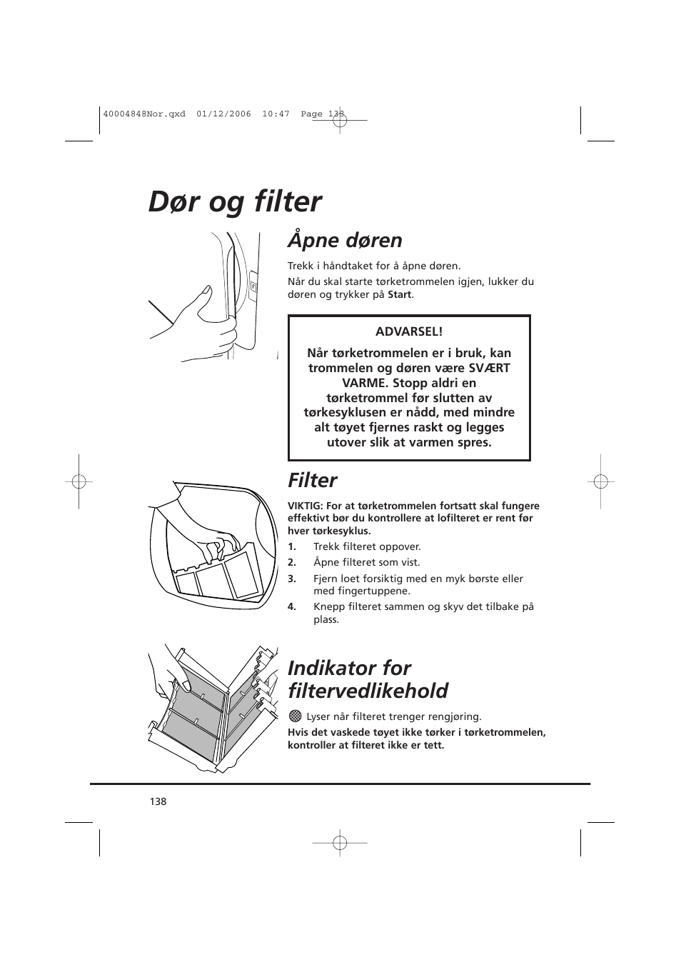 Dør og filter, Åpne døren, Filter | Indikator for filtervedlikehold | Candy GO DC 78-01S User Manual | Page 138 / 236