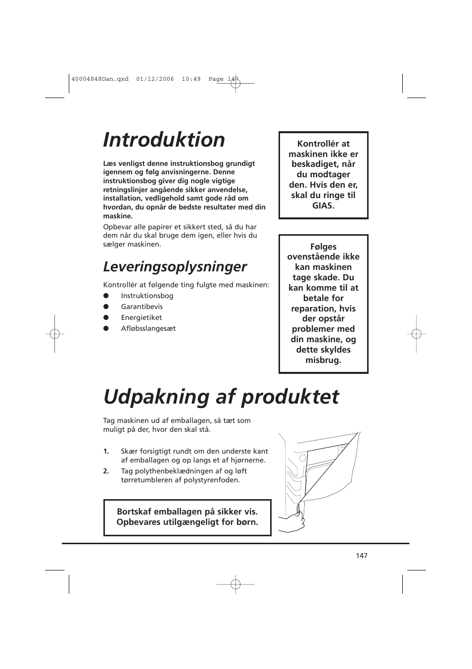 Introduktion, Udpakning af produktet, Leveringsoplysninger | Candy GO DC 78-01S User Manual | Page 147 / 236
