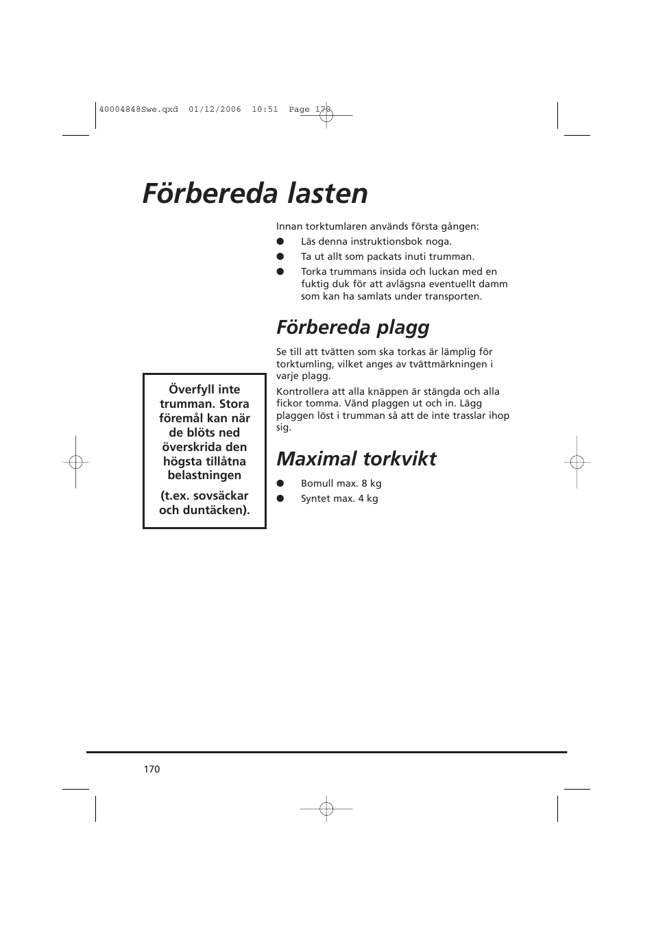 Förbereda lasten, Förbereda plagg, Maximal torkvikt | Candy GO DC 78-01S User Manual | Page 170 / 236