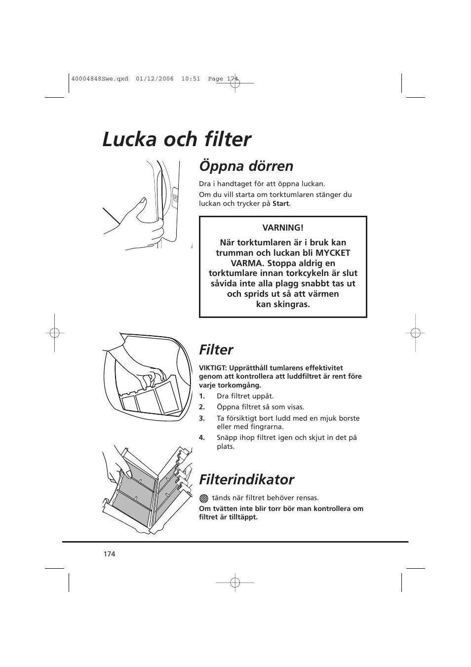 Lucka och filter, Öppna dörren, Filter | Filterindikator | Candy GO DC 78-01S User Manual | Page 174 / 236