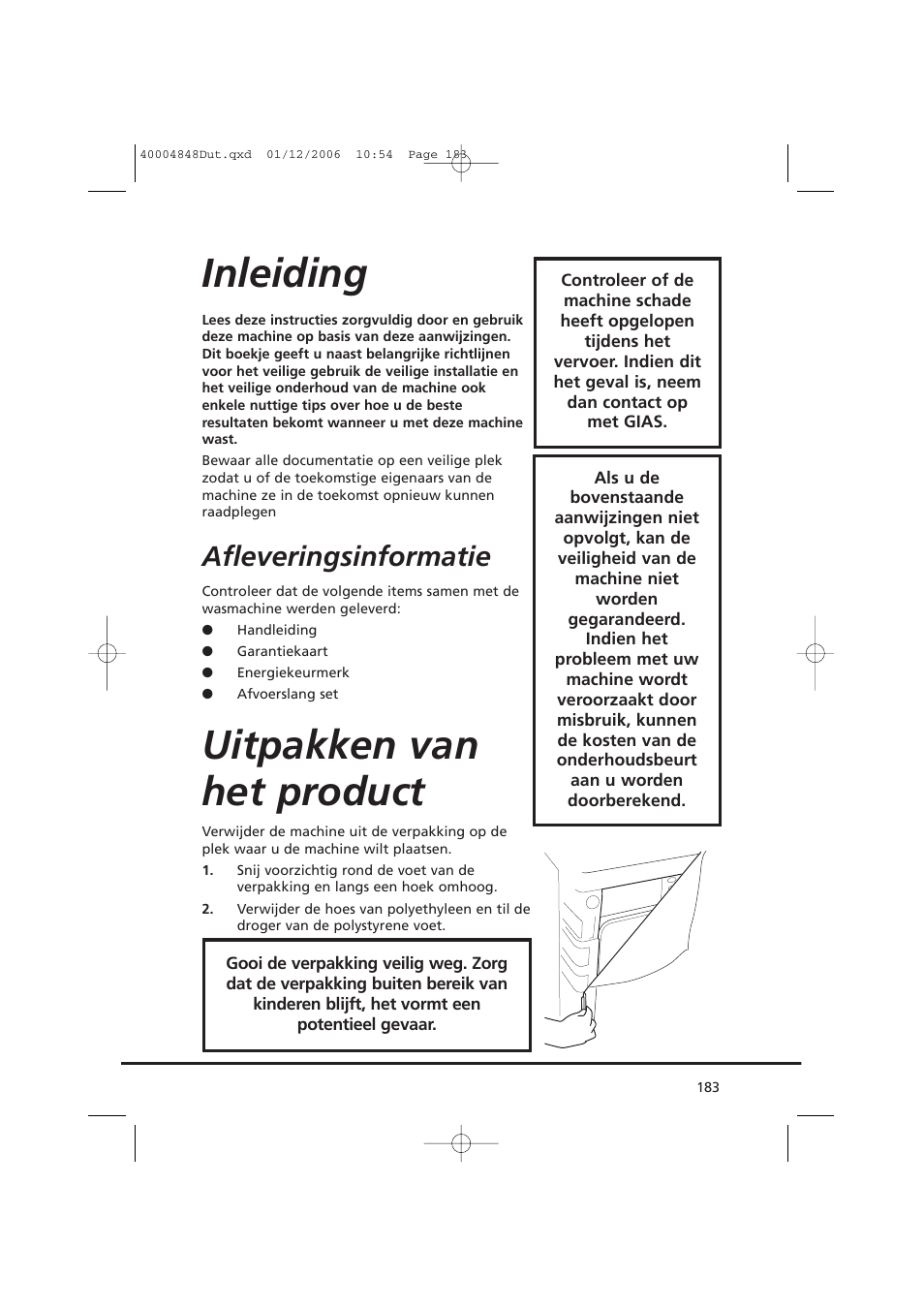 Inleiding, Uitpakken van het product, Afleveringsinformatie | Candy GO DC 78-01S User Manual | Page 183 / 236