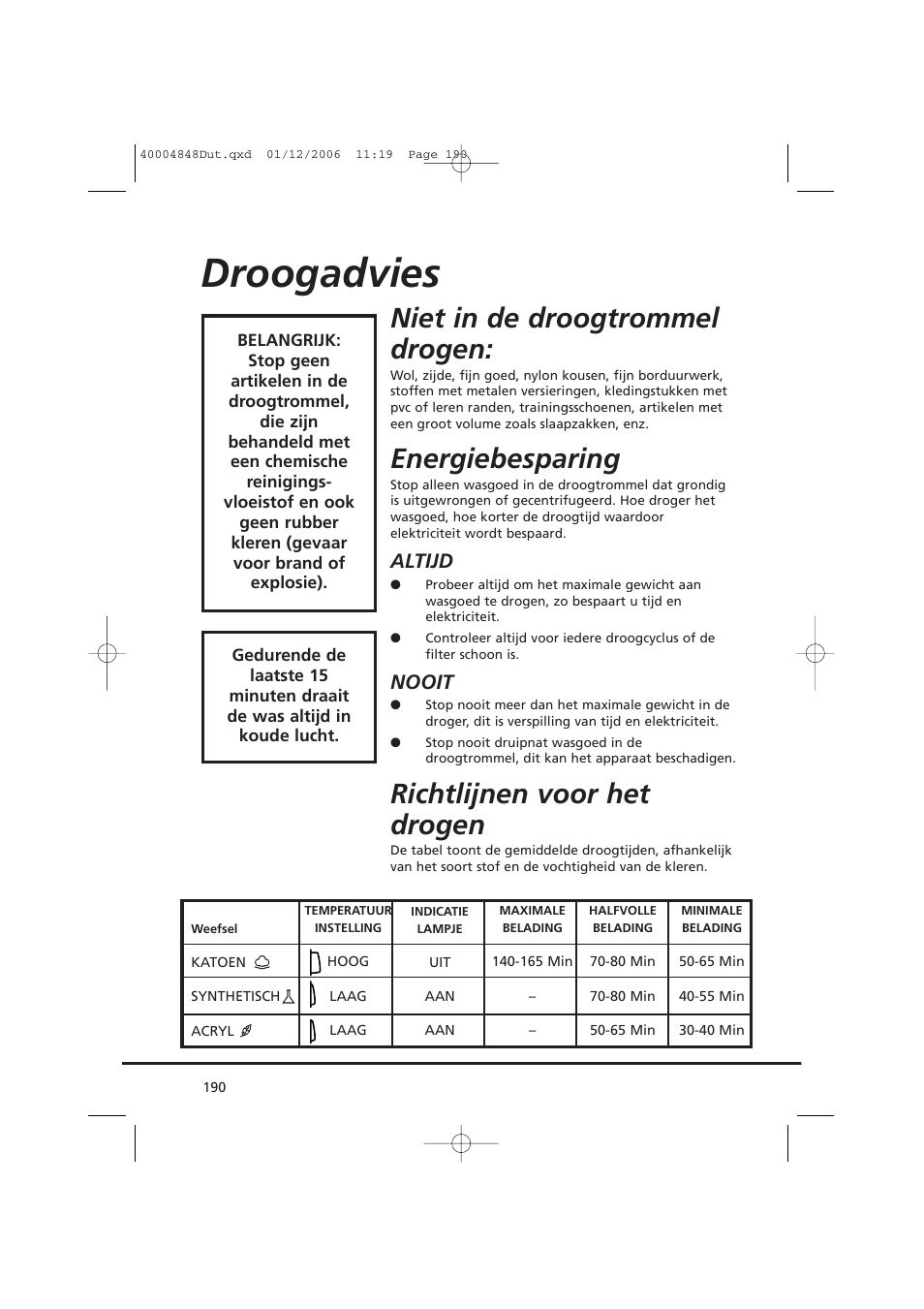 Droogadvies, Niet in de droogtrommel drogen, Energiebesparing | Richtlijnen voor het drogen, Altijd, Nooit | Candy GO DC 78-01S User Manual | Page 190 / 236