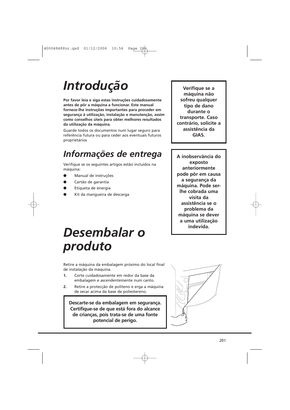 Introdução, Desembalar o produto, Informações de entrega | Candy GO DC 78-01S User Manual | Page 201 / 236