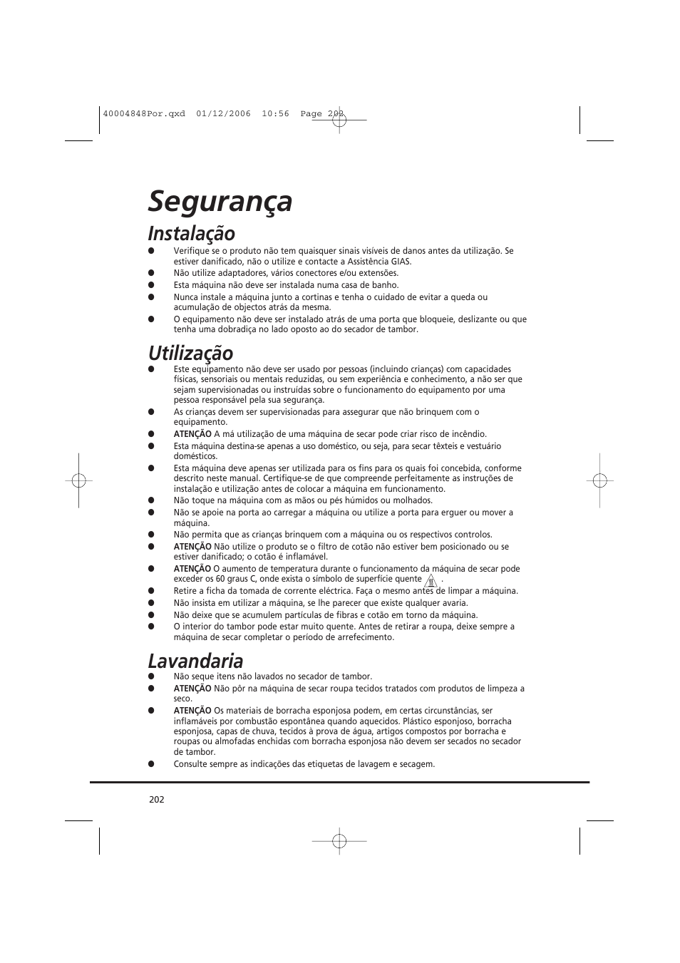 Segurança, Instalação, Utilização | Lavandaria | Candy GO DC 78-01S User Manual | Page 202 / 236