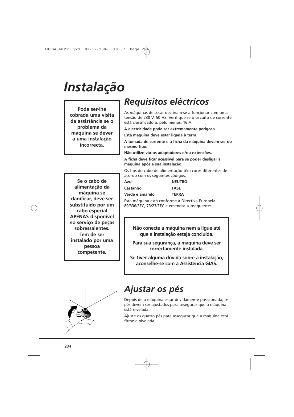 Instalação, Requisitos eléctricos, Ajustar os pés | Candy GO DC 78-01S User Manual | Page 204 / 236