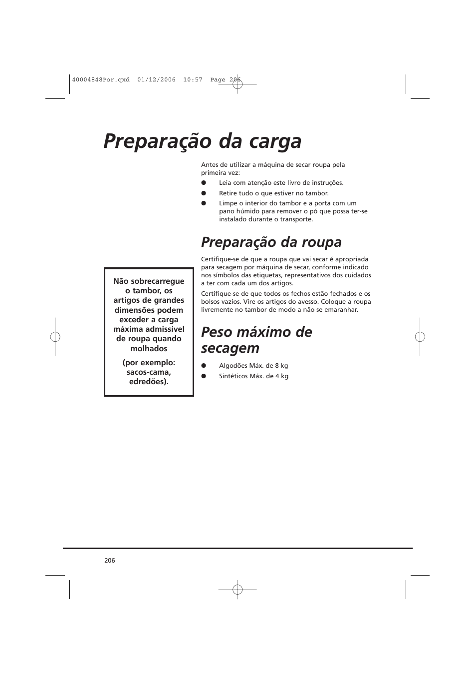 Preparação da carga, Preparação da roupa, Peso máximo de secagem | Candy GO DC 78-01S User Manual | Page 206 / 236