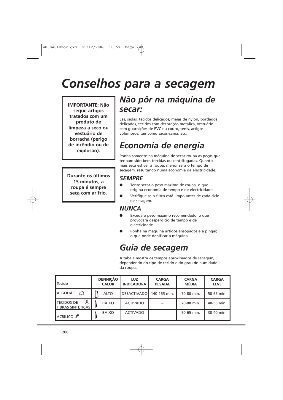 Conselhos para a secagem, Não pôr na máquina de secar, Economia de energia | Guia de secagem, Sempre, Nunca | Candy GO DC 78-01S User Manual | Page 208 / 236