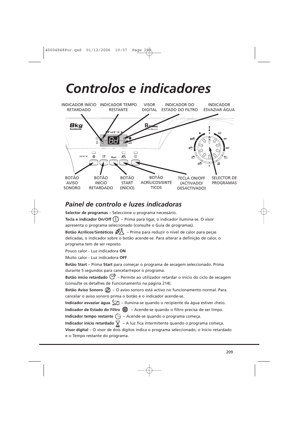 Controlos e indicadores, Painel de controlo e luzes indicadoras | Candy GO DC 78-01S User Manual | Page 209 / 236