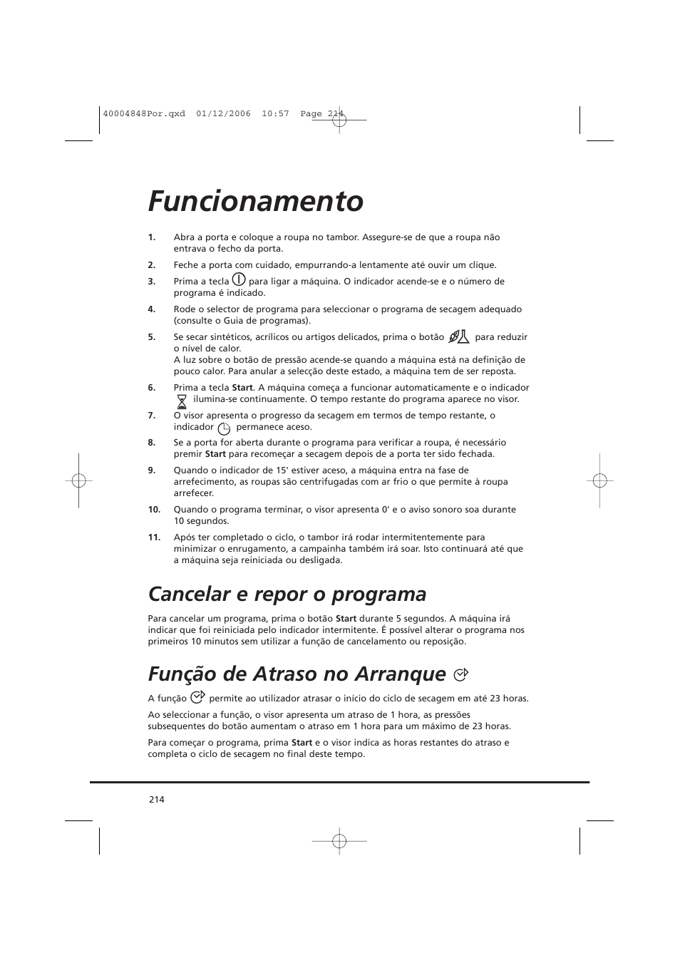 Funcionamento, Cancelar e repor o programa, Função de atraso no arranque | Candy GO DC 78-01S User Manual | Page 214 / 236
