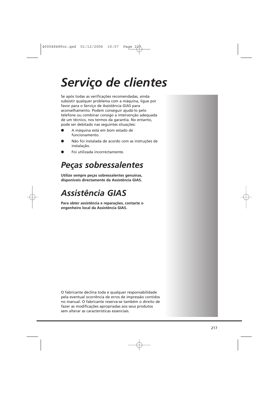 Serviço de clientes, Peças sobressalentes, Assistência gias | Candy GO DC 78-01S User Manual | Page 217 / 236