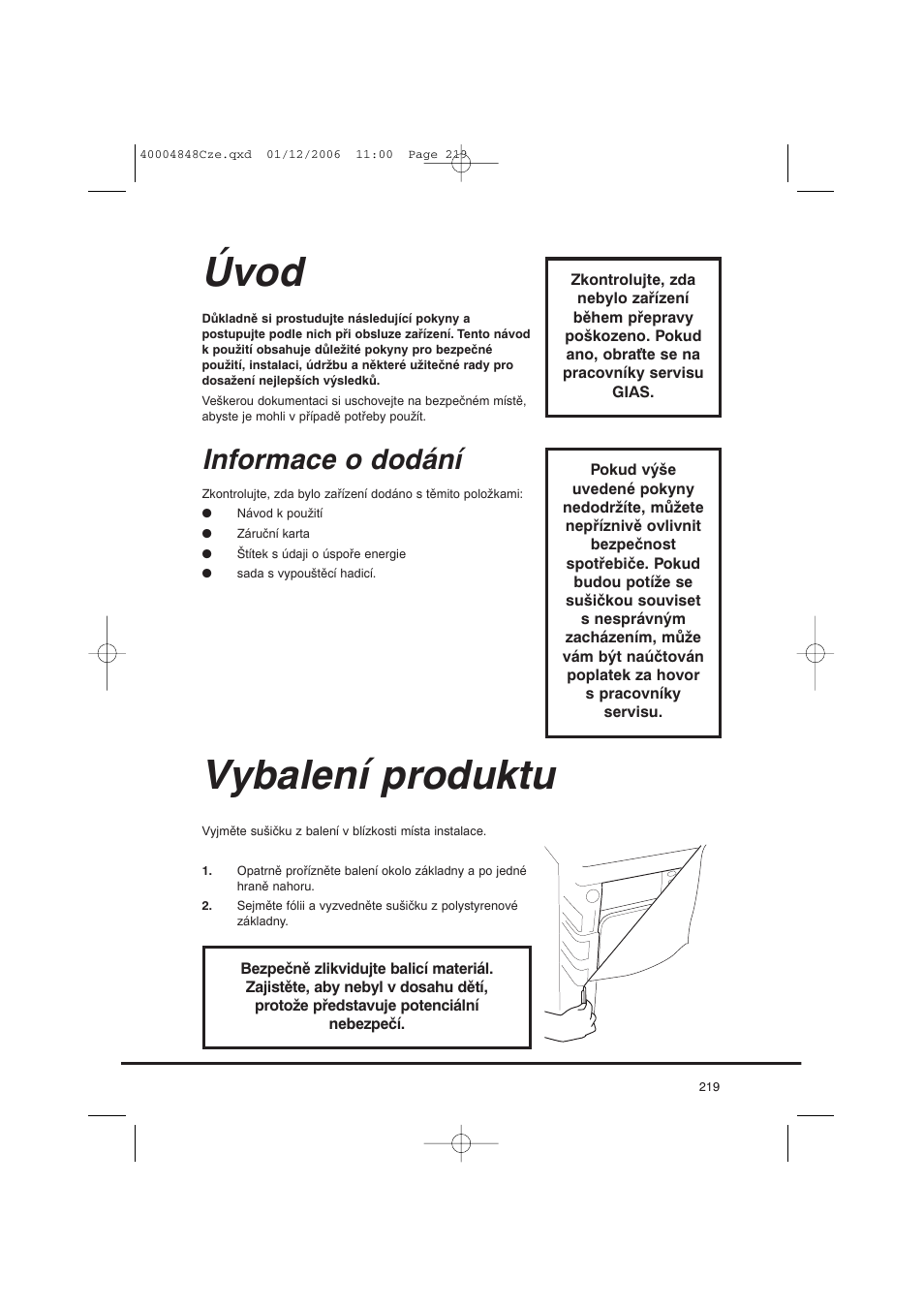 Úvod, Vybalení produktu, Informace o dodání | Candy GO DC 78-01S User Manual | Page 219 / 236