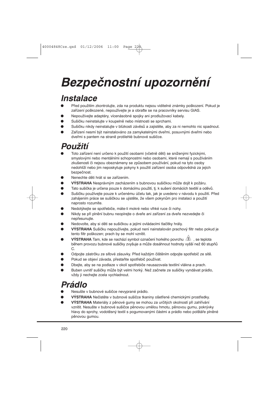 Bezpečnostní upozornění, Instalace, Použití | Prádlo | Candy GO DC 78-01S User Manual | Page 220 / 236