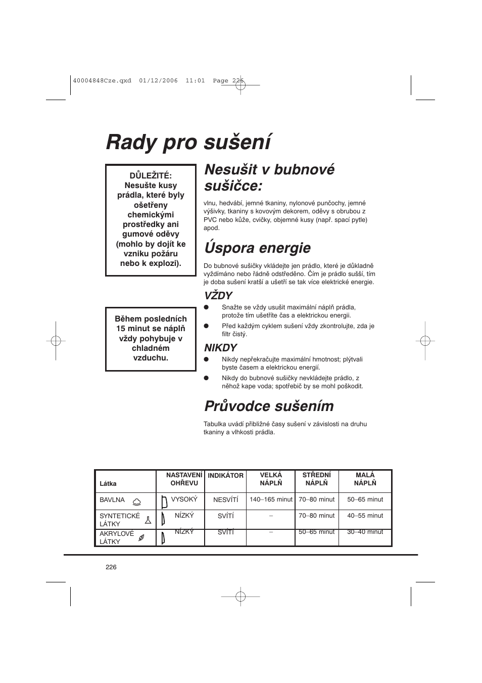 Rady pro sušení, Nesušit v bubnové sušičce, Úspora energie | Průvodce sušením, Vždy, Nikdy | Candy GO DC 78-01S User Manual | Page 226 / 236
