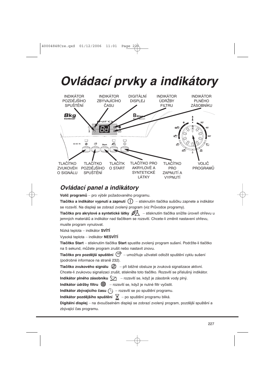 Ovládací prvky a indikátory, Ovládací panel a indikátory | Candy GO DC 78-01S User Manual | Page 227 / 236