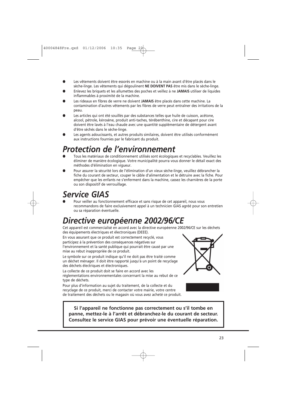 Protection de l’environnement, Service gias | Candy GO DC 78-01S User Manual | Page 23 / 236