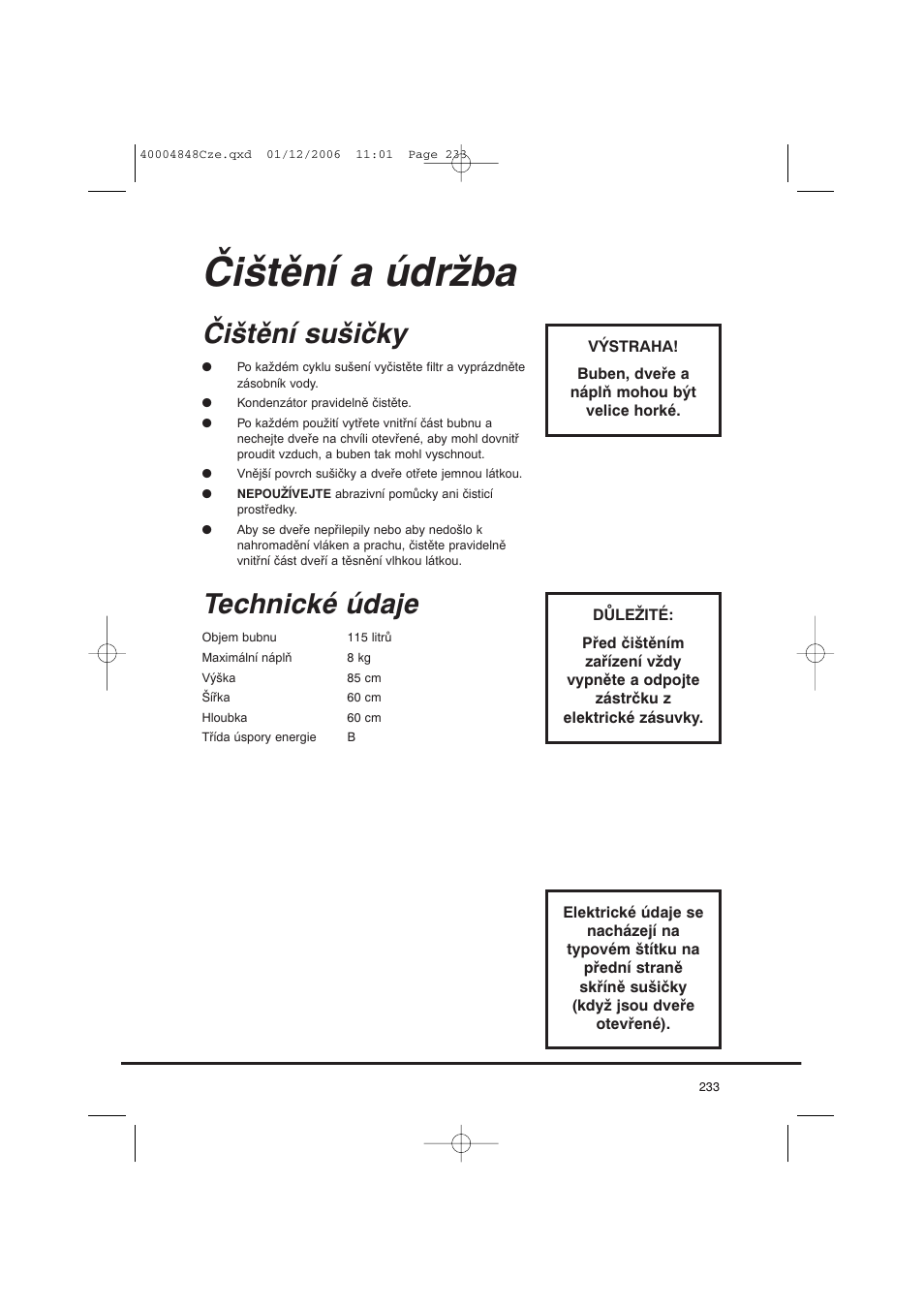 Čištění a údržba, Čištění sušičky, Technické údaje | Candy GO DC 78-01S User Manual | Page 233 / 236