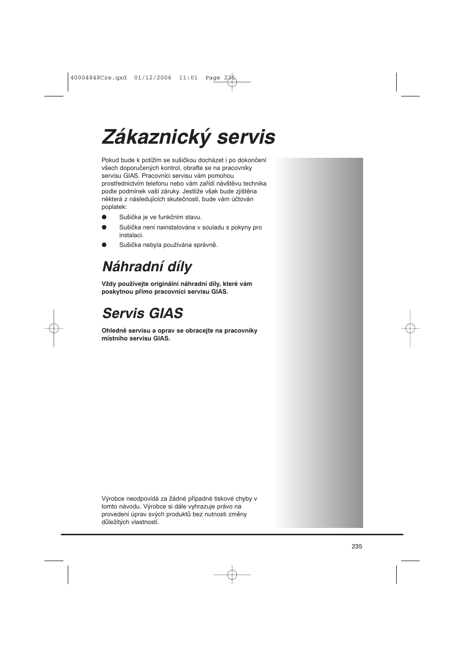 Zákaznický servis, Náhradní díly, Servis gias | Candy GO DC 78-01S User Manual | Page 235 / 236