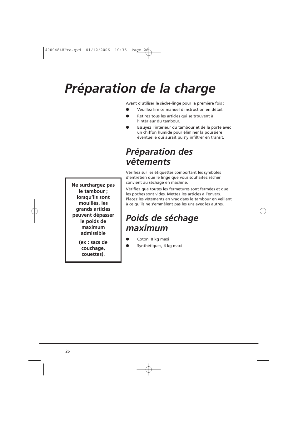Préparation de la charge, Préparation des vêtements, Poids de séchage maximum | Candy GO DC 78-01S User Manual | Page 26 / 236