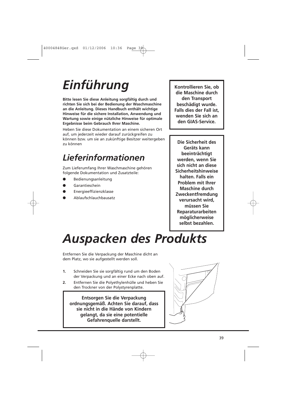 Einführung, Auspacken des produkts, Lieferinformationen | Candy GO DC 78-01S User Manual | Page 39 / 236