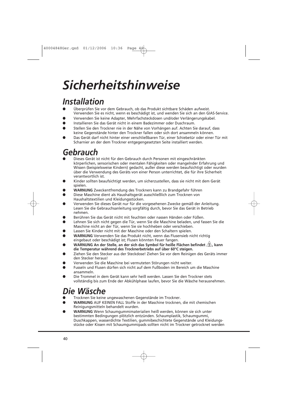 Sicherheitshinweise, Installation, Gebrauch | Die wäsche | Candy GO DC 78-01S User Manual | Page 40 / 236