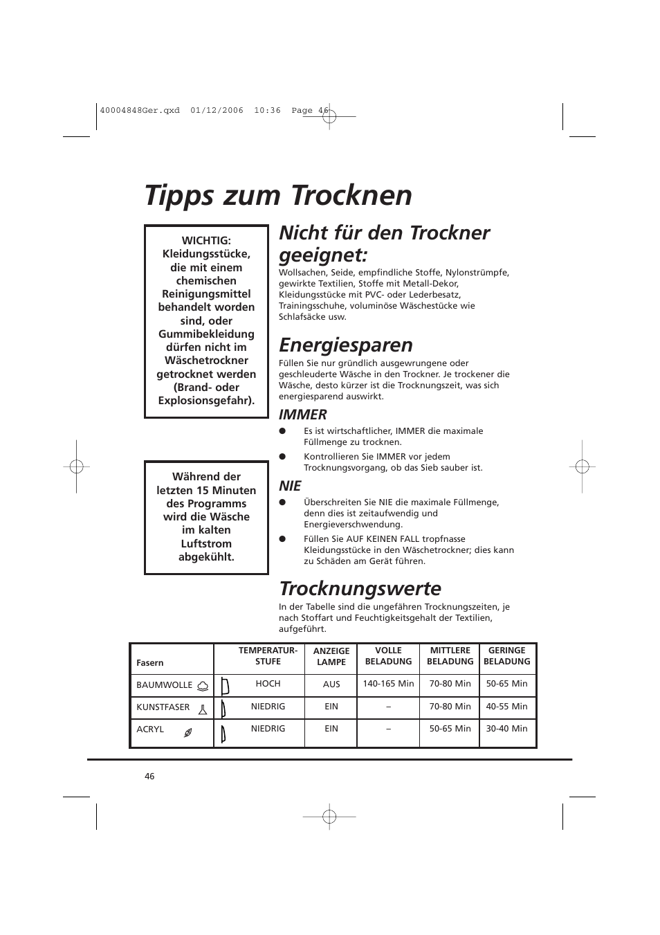 Tipps zum trocknen, Nicht für den trockner geeignet, Energiesparen | Trocknungswerte, Immer | Candy GO DC 78-01S User Manual | Page 46 / 236
