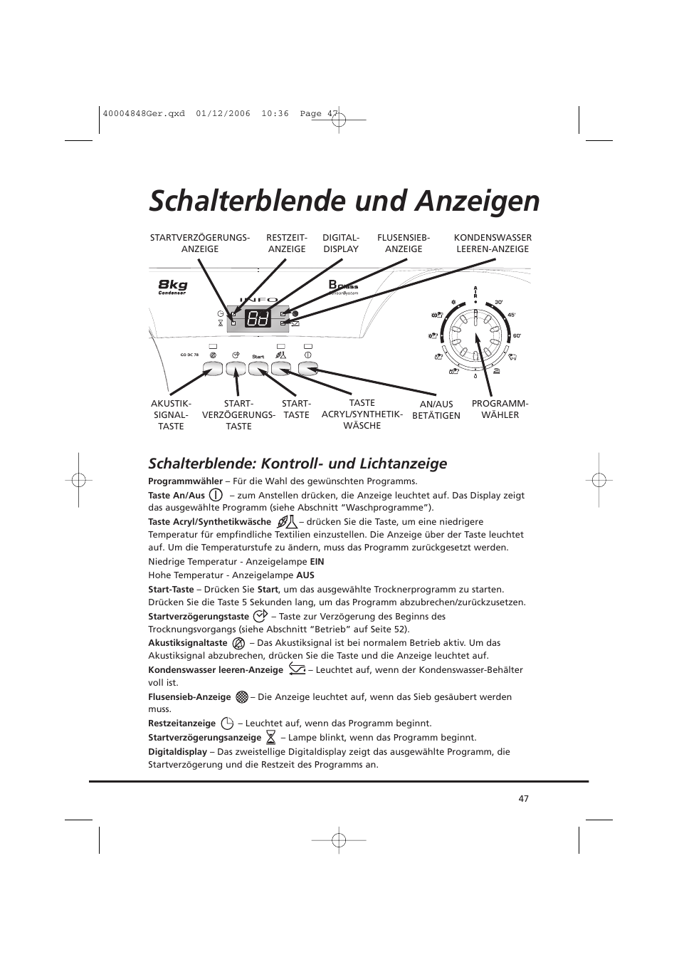 Schalterblende und anzeigen, Schalterblende: kontroll- und lichtanzeige | Candy GO DC 78-01S User Manual | Page 47 / 236