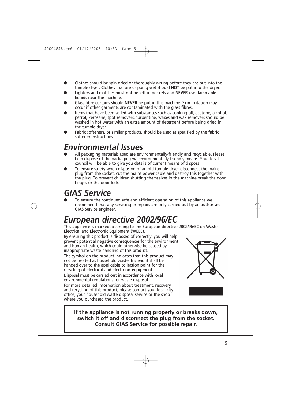 Environmental issues, Gias service | Candy GO DC 78-01S User Manual | Page 5 / 236