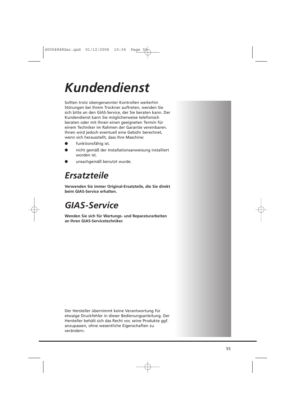 Kundendienst, Ersatzteile, Gias-service | Candy GO DC 78-01S User Manual | Page 55 / 236