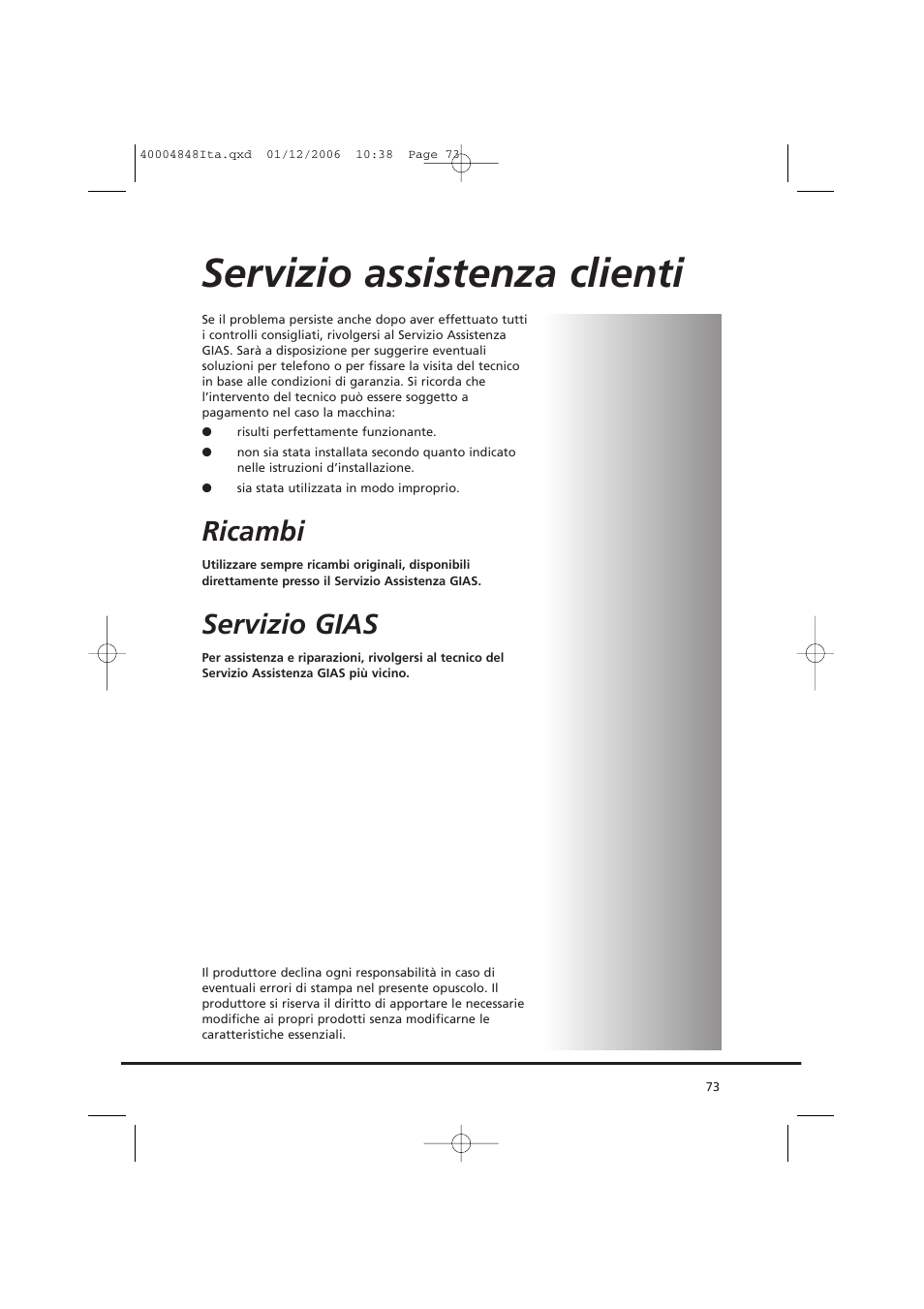 Servizio assistenza clienti, Ricambi, Servizio gias | Candy GO DC 78-01S User Manual | Page 73 / 236