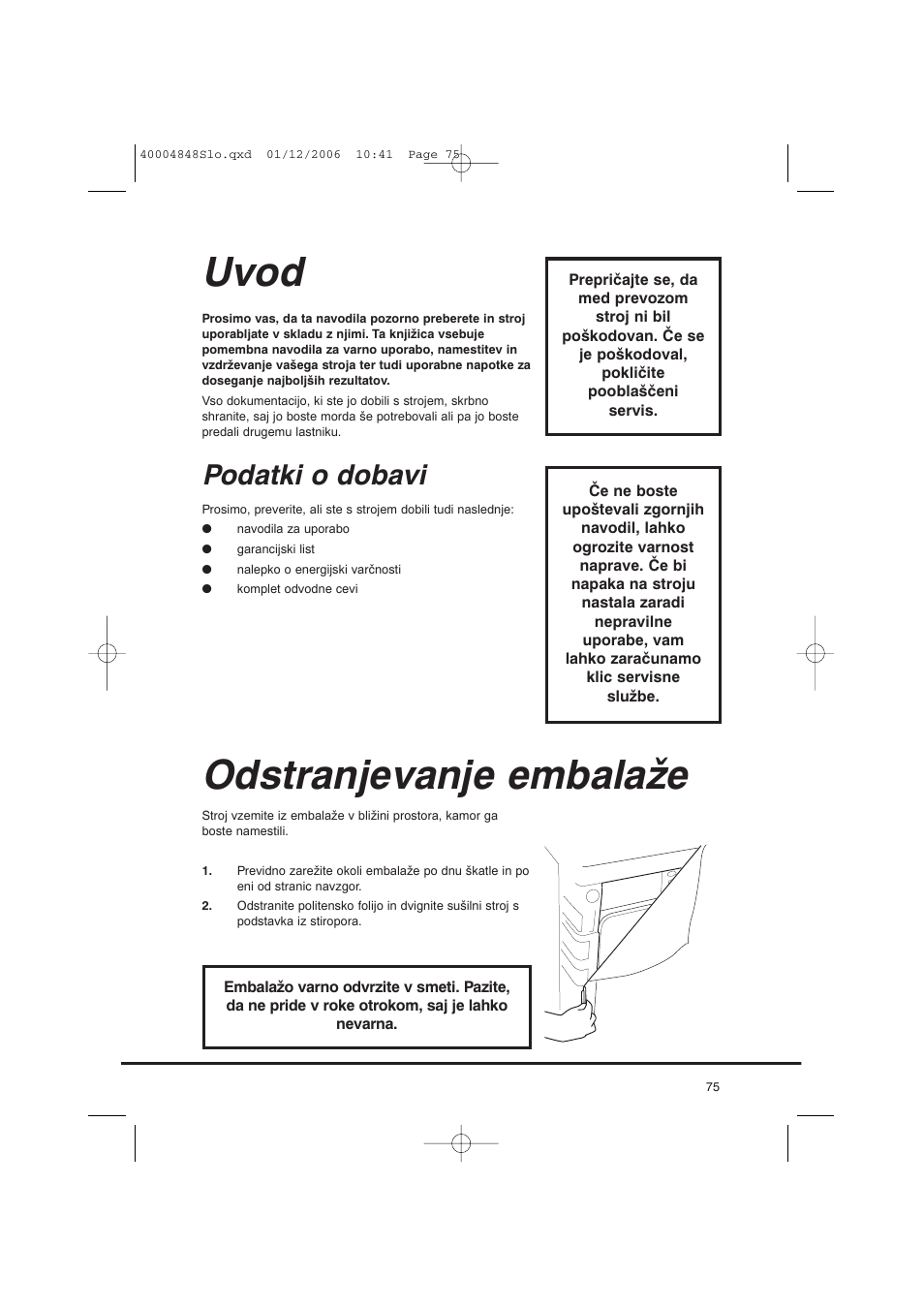 Uvod, Odstranjevanje embalaže, Podatki o dobavi | Candy GO DC 78-01S User Manual | Page 75 / 236