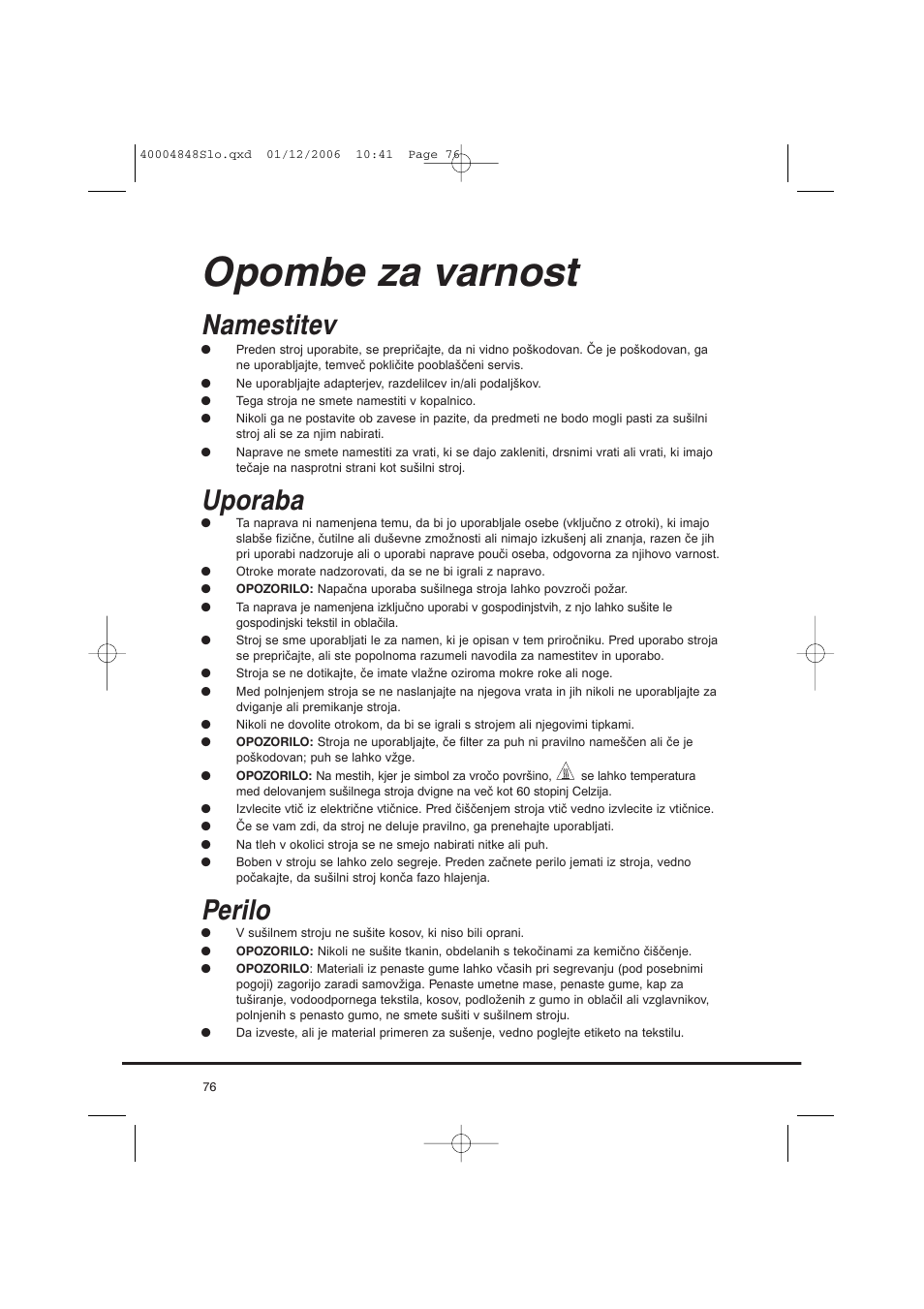 Opombe za varnost, Namestitev, Uporaba | Perilo | Candy GO DC 78-01S User Manual | Page 76 / 236