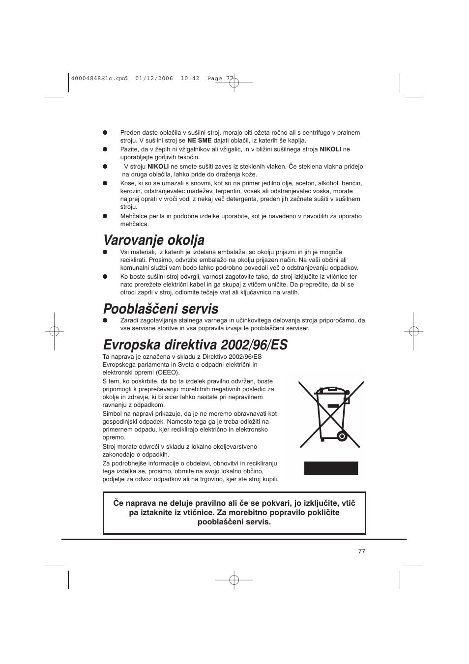 Varovanje okolja, Pooblaščeni servis | Candy GO DC 78-01S User Manual | Page 77 / 236