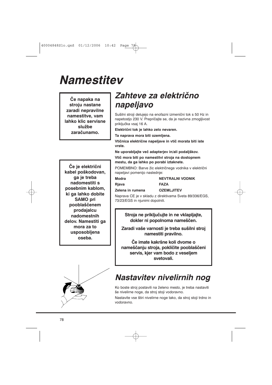 Namestitev, Zahteve za električno napeljavo, Nastavitev nivelirnih nog | Candy GO DC 78-01S User Manual | Page 78 / 236