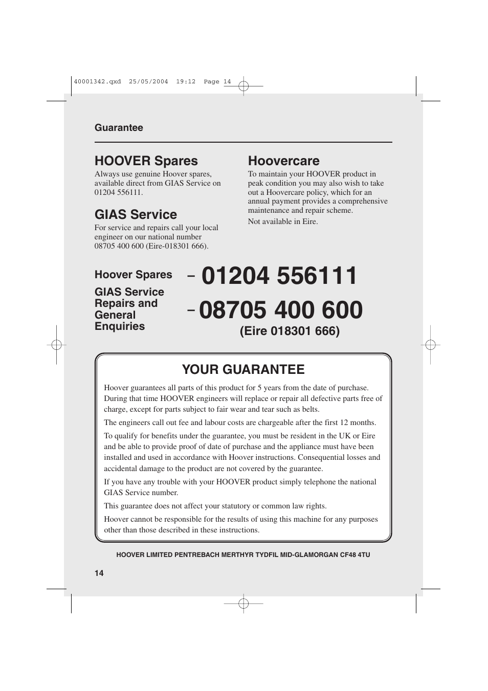 Hoovercare, Hoover spares, Gias service | Your guarantee | Candy AB CDE 105 -80 User Manual | Page 14 / 16