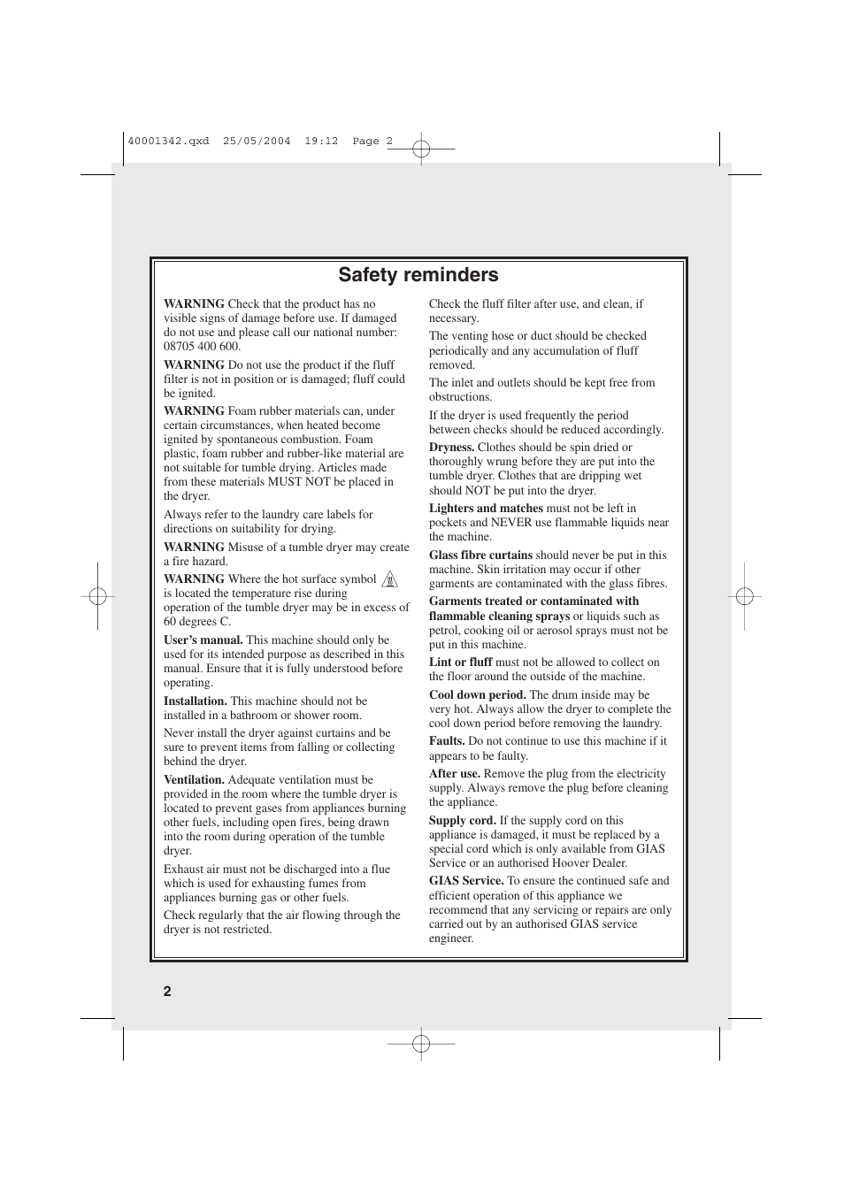 Safety reminders | Candy AB CDE 105 -80 User Manual | Page 2 / 16