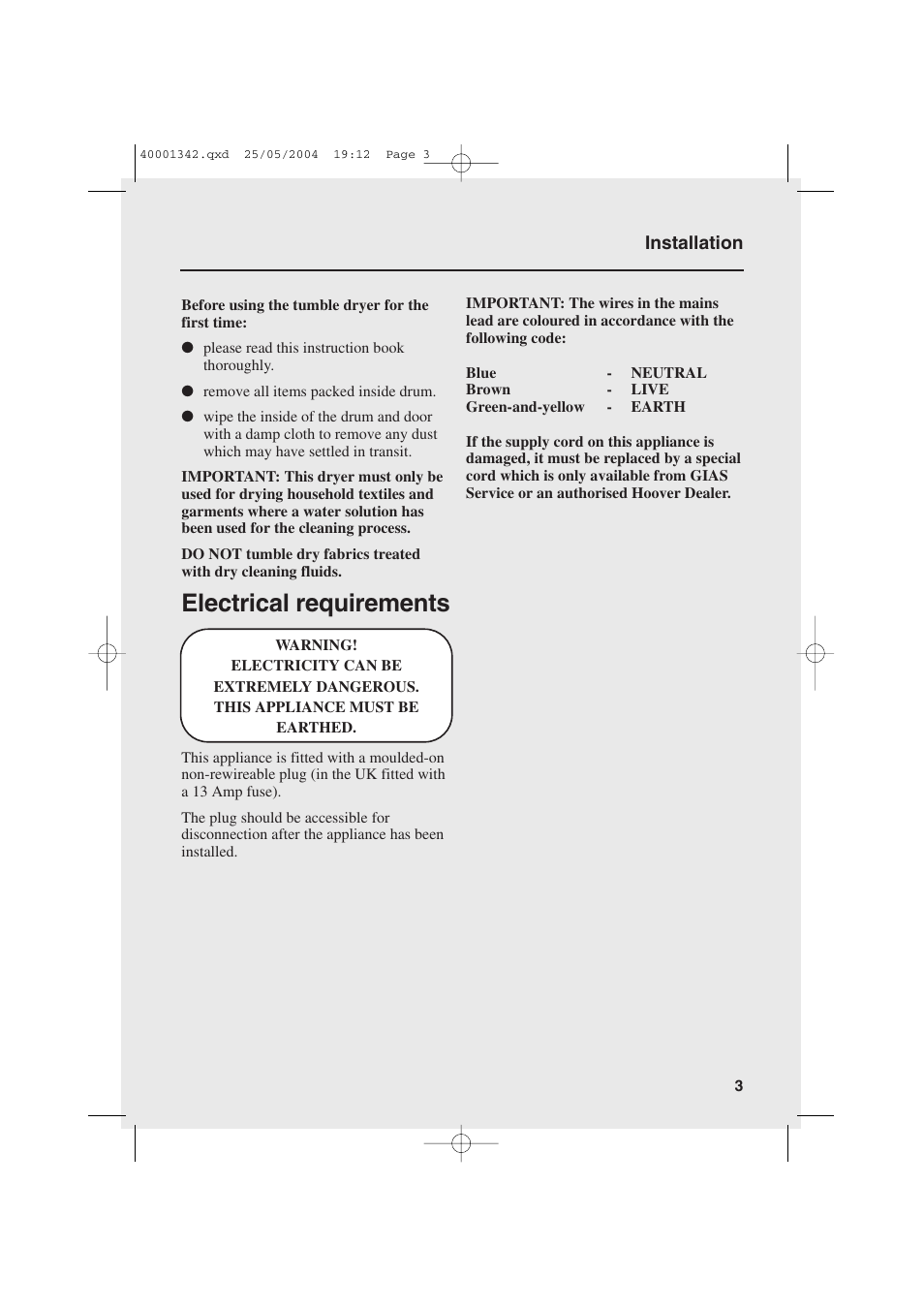 Electrical requirements | Candy AB CDE 105 -80 User Manual | Page 3 / 16