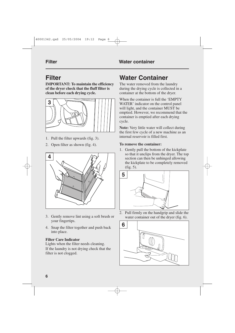 Filter, Water container | Candy AB CDE 105 -80 User Manual | Page 6 / 16