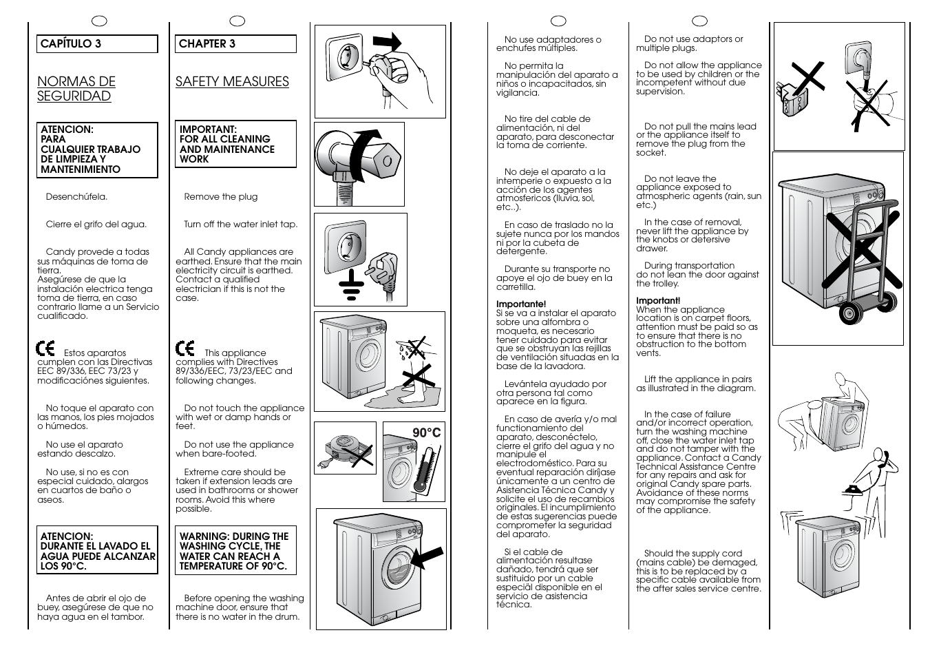 Safety measures, Normas de seguridad | Candy CB 63 T ES User Manual | Page 4 / 17