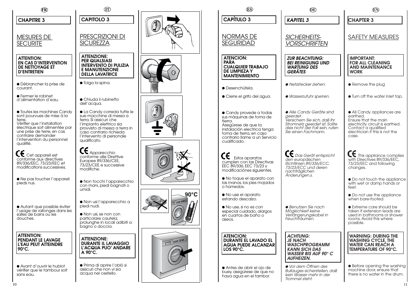 Mesures de securite, Sicherheits- vorschriften, Safety measures | Prescrizioni di sicurezza, Normas de seguridad | Candy WD CIW 100 T User Manual | Page 6 / 41